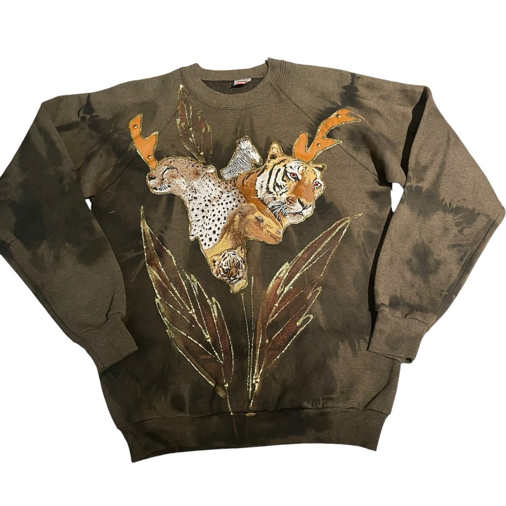 Vintage Hanes Sweater Adult Large Brown cheeta/zebra/tiger made in the USA XL‎
